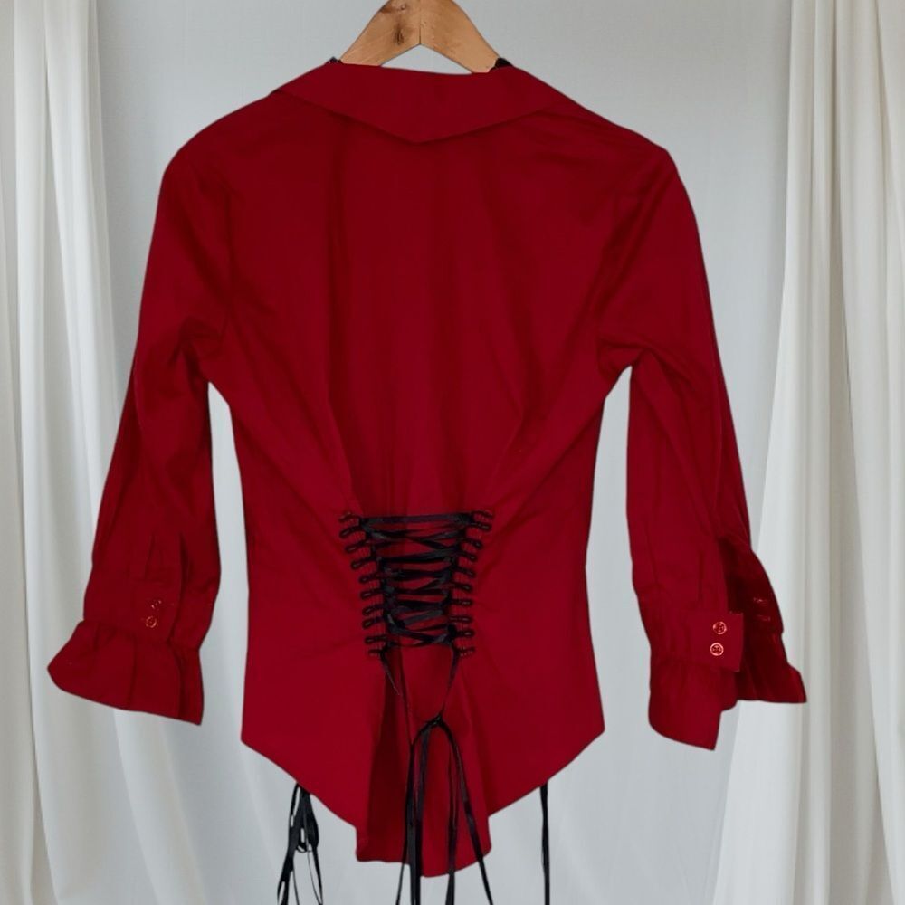 SCULLY Shirt Corset NWT Blouse Marion Ruffle Button Up Stretch Red Black Size M - Picture 4 of 14